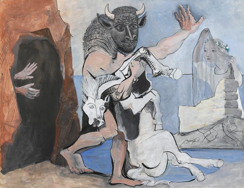 Pablo Picasso. Minotaur with dead horse in the cave before the girl in a veil