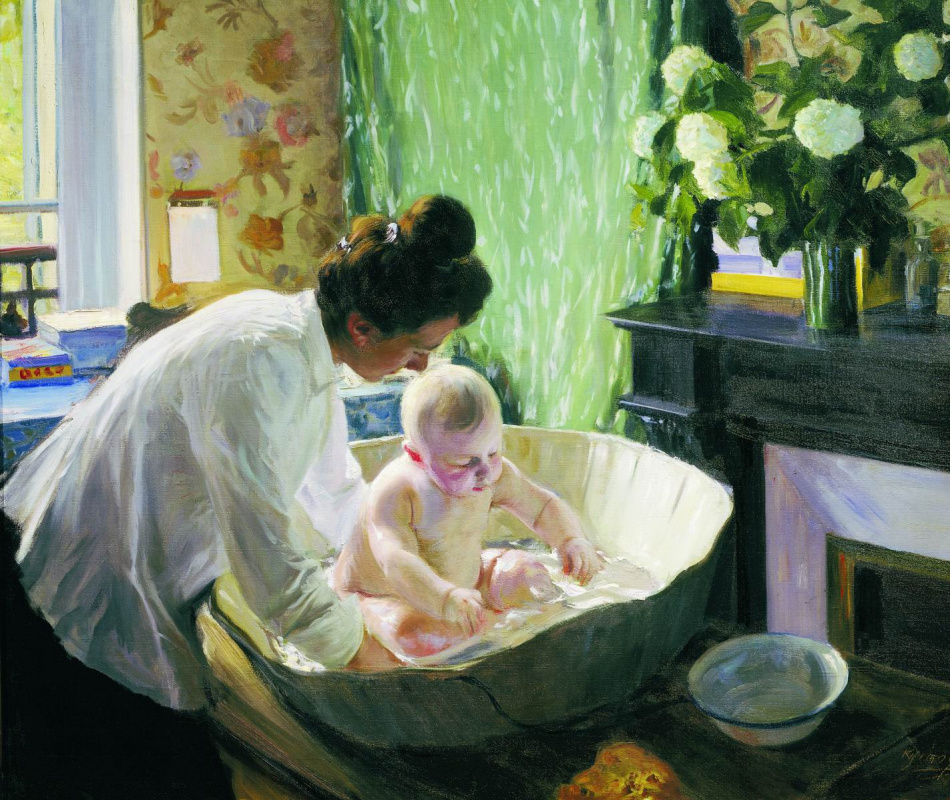 Boris Kustodiev. Morning. Depicted Evstafevna Yulia Kustodieva, the artist's wife with son, my firstborn Cyril