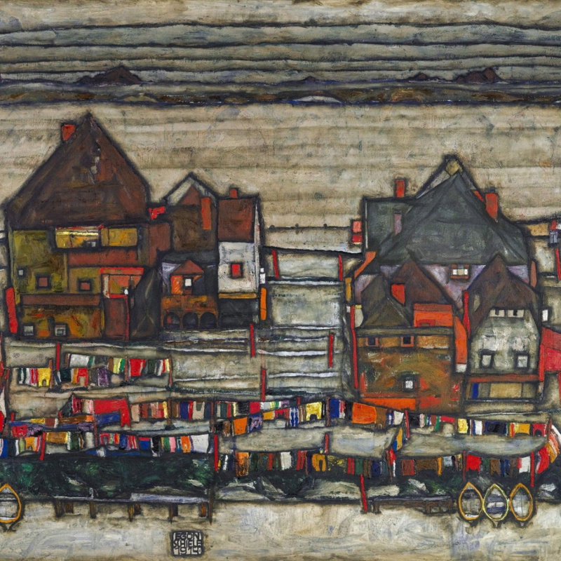 Egon Schiele. Houses with colorful linen
