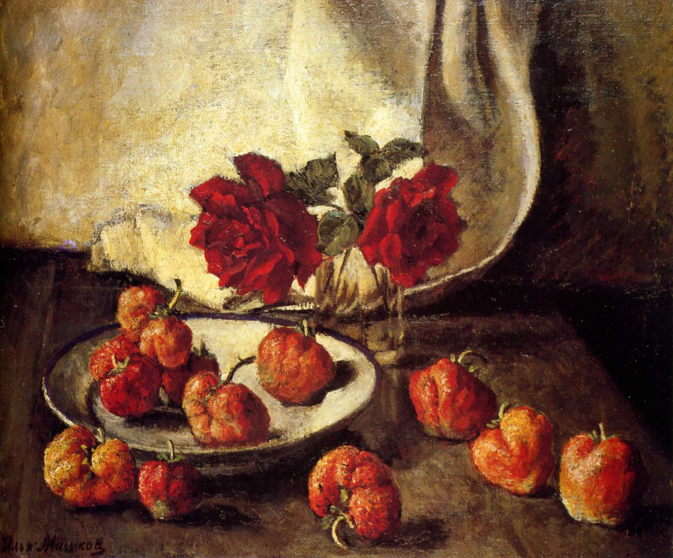 Ilya Mashkov. Two dark roses and a plate of strawberries