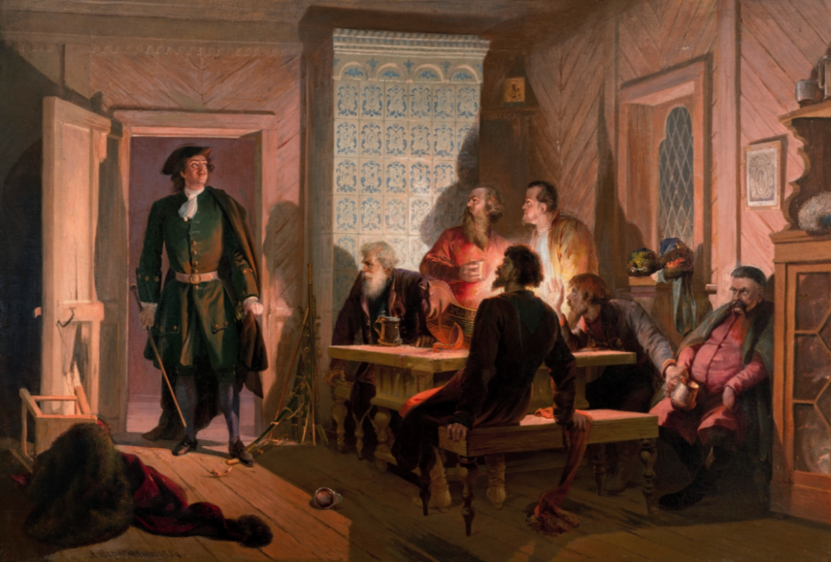 Adolf Iosifovich Charlemagne. Peter I covers the conspirators in the Zickler house on February 23, 1697