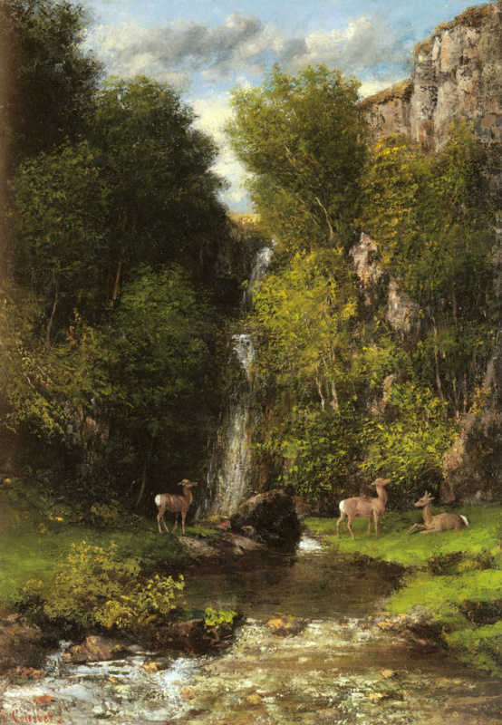 Gustave Courbet. Deer family and landscape with a waterfall