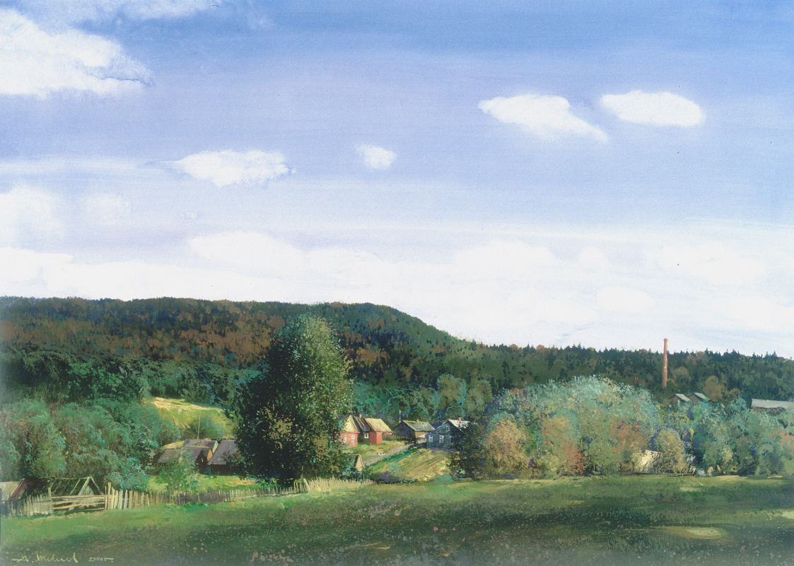 Alexander Shevelyov. Landscape with a Pipe. Paper, watercolor, tempera 50 x 70 cm. 2000