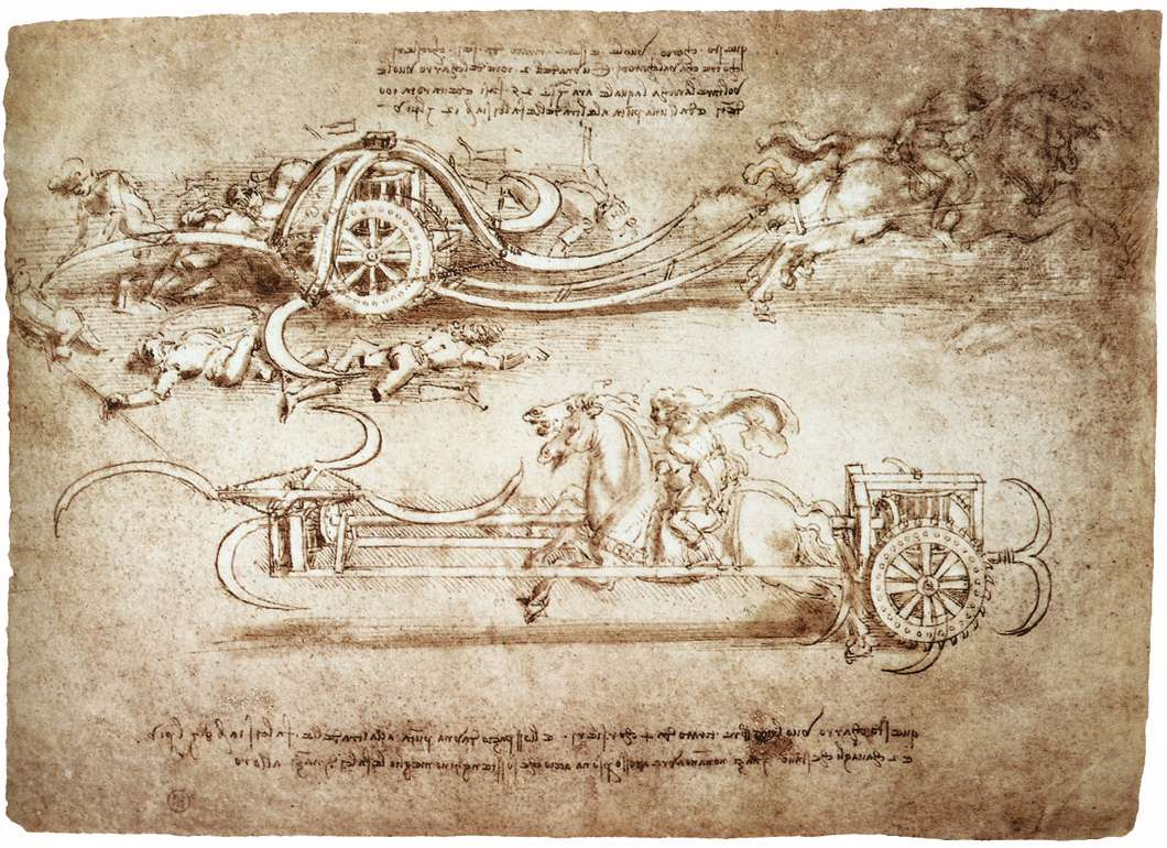 Леонардо да Винчи. Рисунок штурмовых колесниц, оснащённых косами