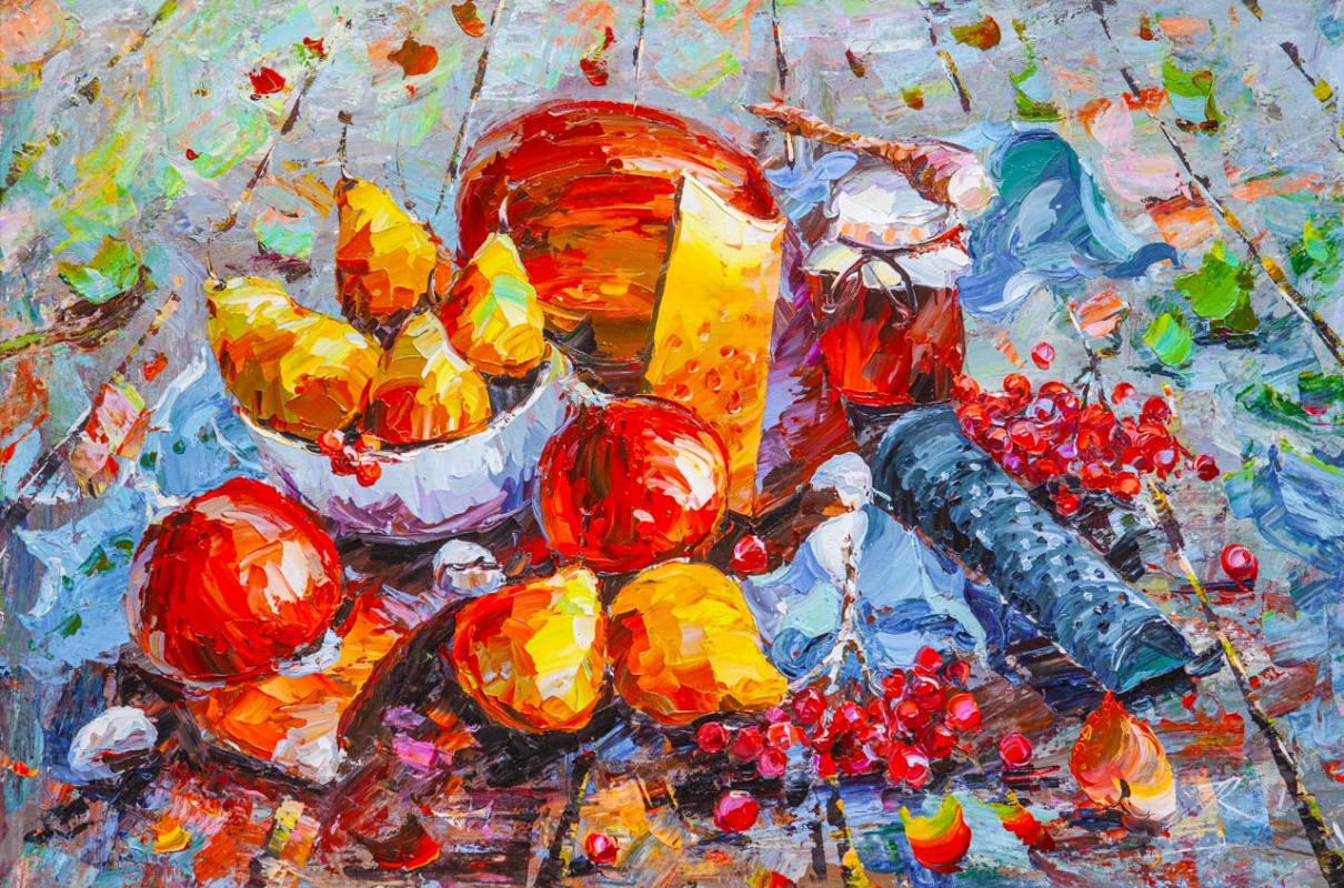 Jose Rodriguez. Fruits of Autumn. Still life with apples, pears, rowanberries and honey