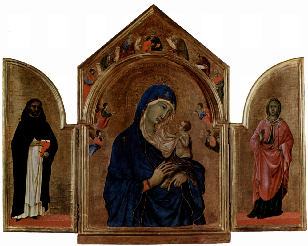 Duccio di Buoninsegna. London triptych, the Central part of Madonna an angel and prophets in the tympanum, left wing: St. Dominic