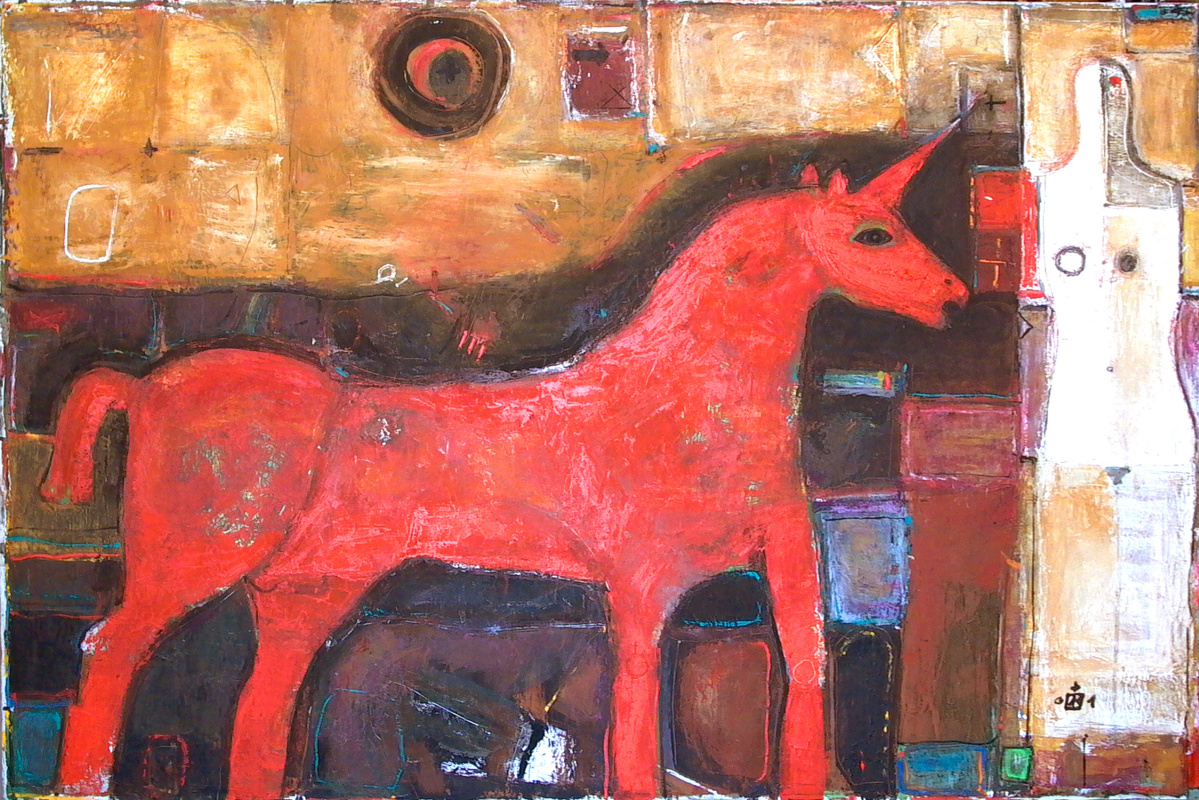 Красный единорог. Красный конь картина.