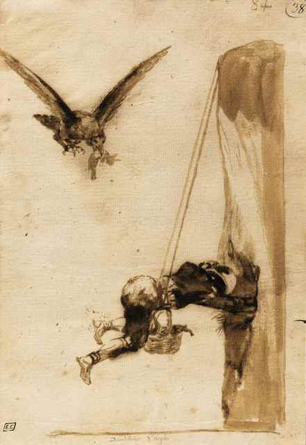 Сатирический рисунок тушью «Охотник на орлов» Франсиско Гойи изображает человека в кастрюле вместо ш
