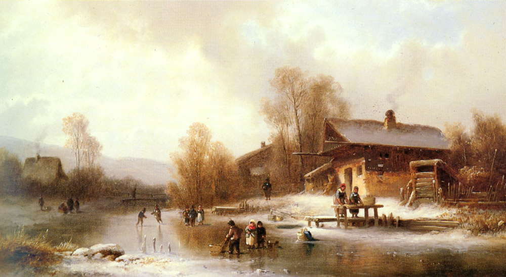 Anton Doll. Skaters and washerwomen in a frozen landscape