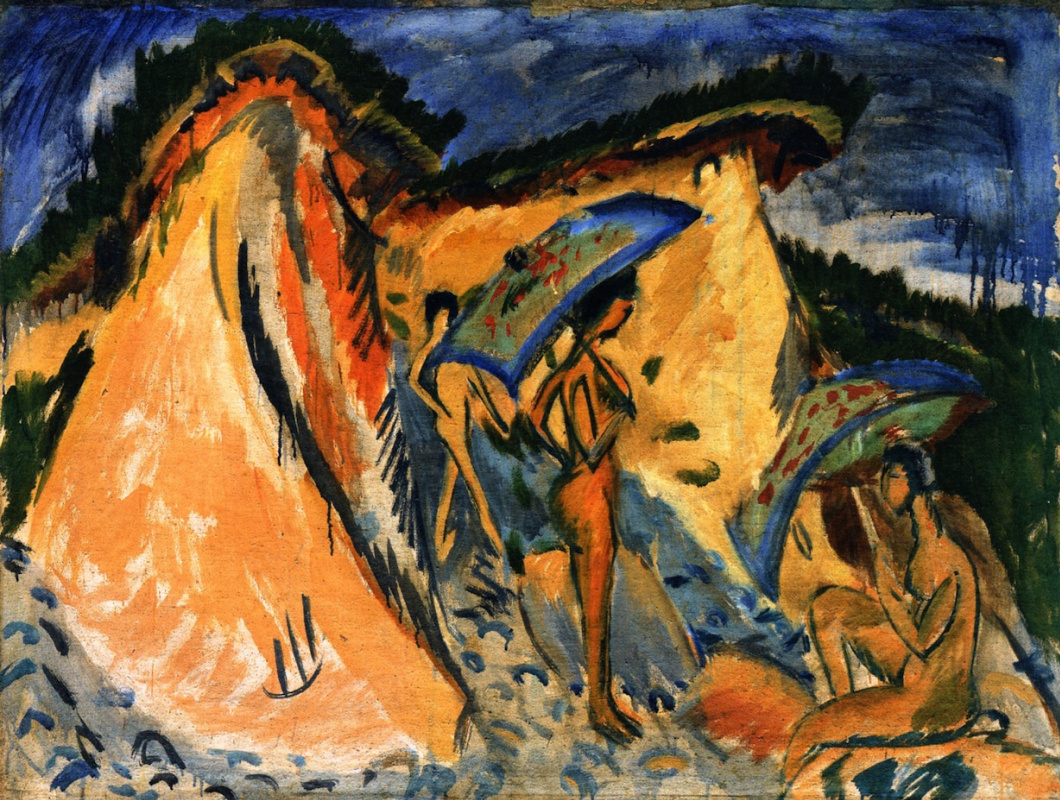 Ernst Ludwig Kirchner. Fehmarn dunes with bathers under Japanese umbrellas