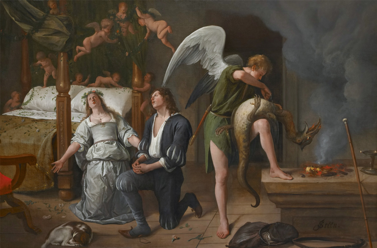 Jan Steen. Tobias and Sarah at the wedding bed. The Archangel Raphael, in exorcising the demon Asmodeus