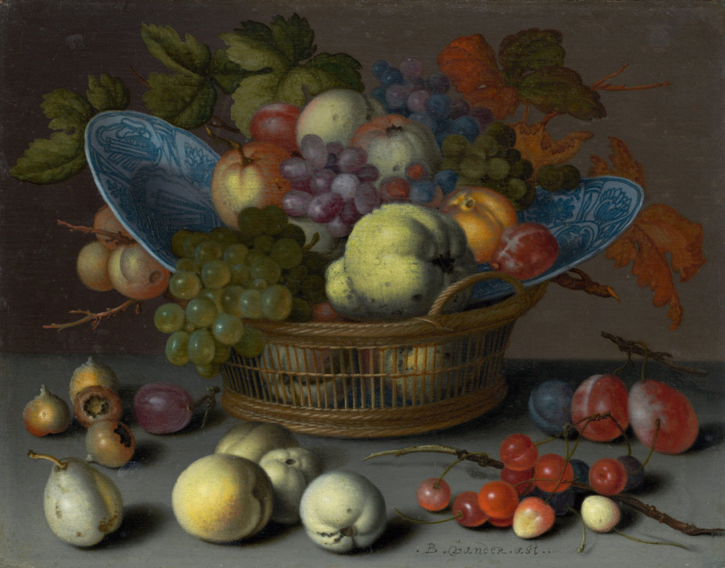 Balthasar van der Ast. Fruit basket and two plates