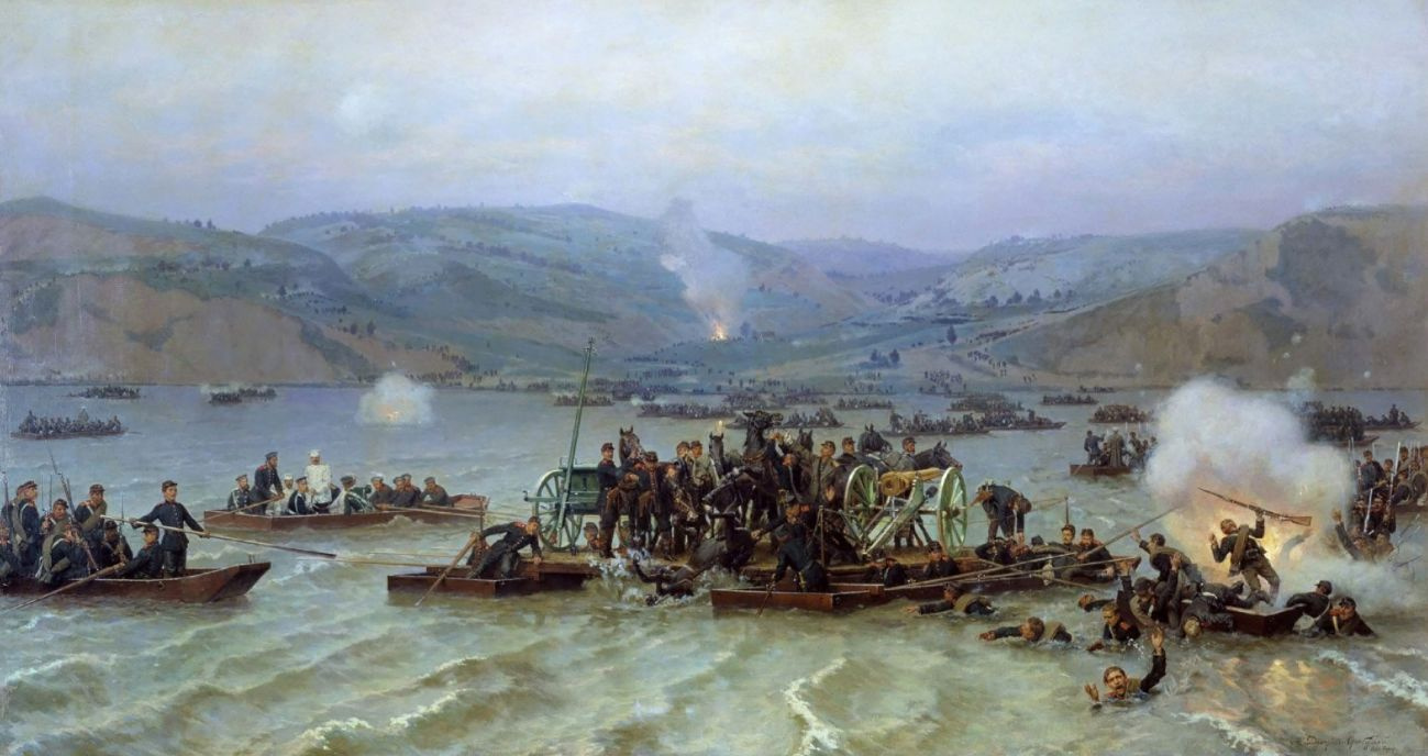 Nikolai Dmitrievich Dmitriev-Orenburg. The crossing of the Russian army across the Danube from Zimnitsy 15 Jun 1877