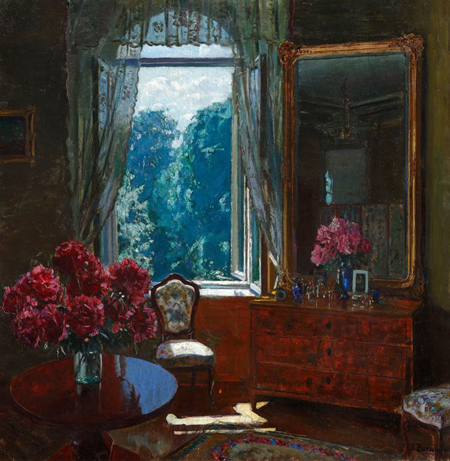 Stanislav Yulianovich Zhukovsky Interior con flores rojas (peonias), 1929,  89×103 cm: Descripción de la obra | Arthive