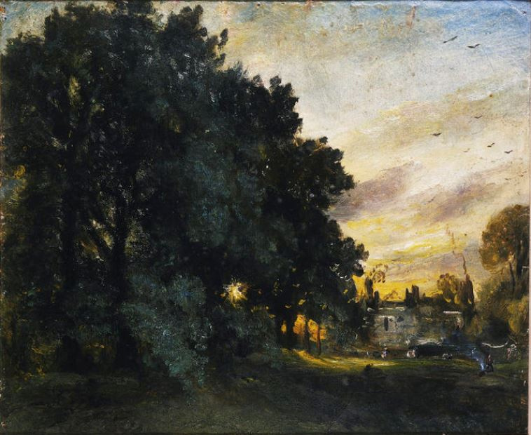 John Constable. Evening landscape with cottage among trees