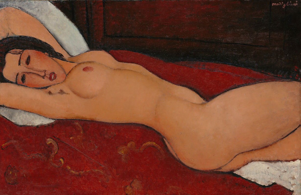 Amedeo Modigliani. Reclining Nude with crossed behind the head with hands
