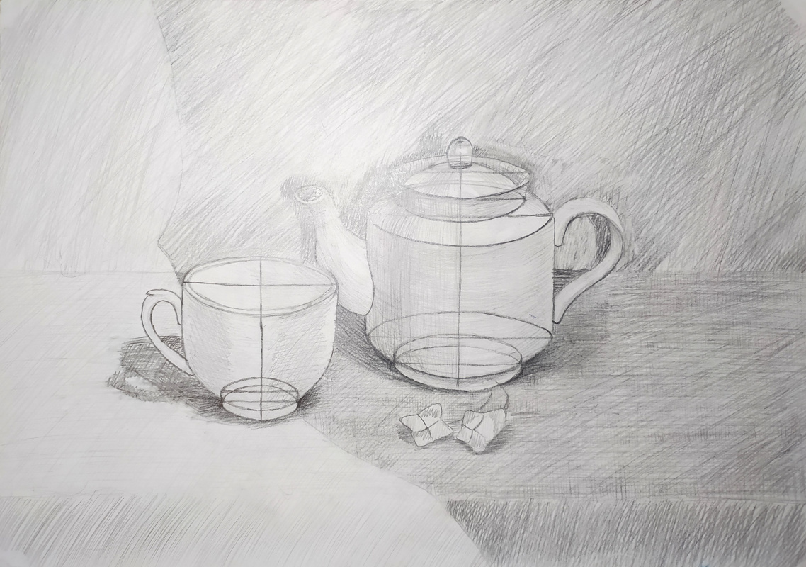 Ariana Arturovna Tolstova. Teapot, cup, dried flowers. Constructive drawing