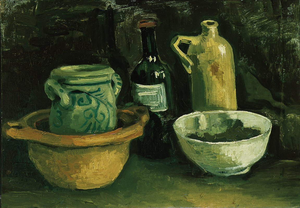 Vincent van Gogh. Still life with pottery and two bottles
