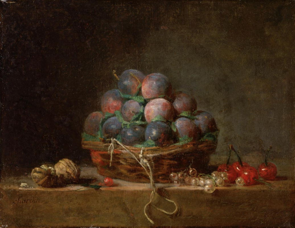 Jean Baptiste Simeon Chardin. Still life with walnuts, a basket of plums and cherries
