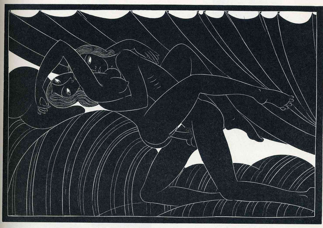 Erotic threesome linocut