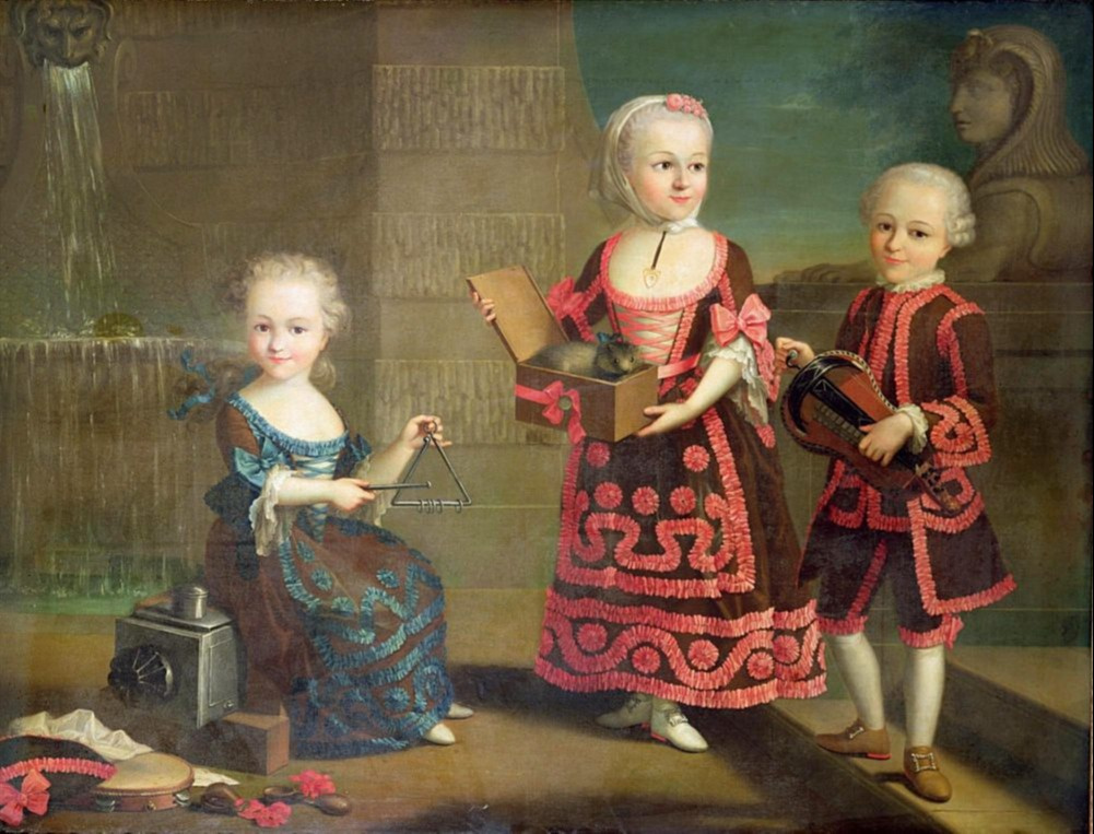 Francois Hubert Drouet. Group portrait of girls with a monkey in a box