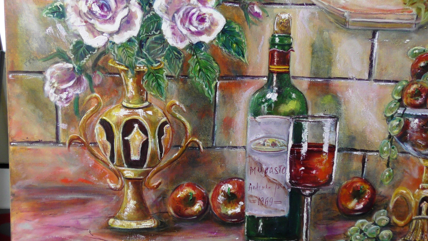 Still life with wine, roses and antique gold objects