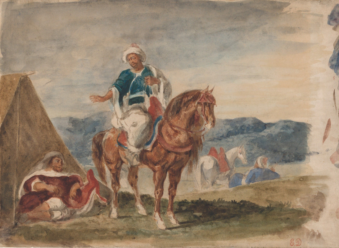 Eugene Delacroix. Three Arab horsemen in the camp