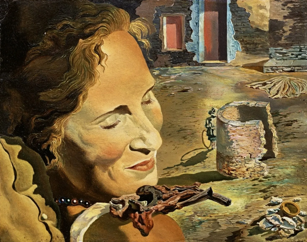 Сальвадор Дали. Портрет Гала с двумя ребрышками ягненка, балансирующими на ее плече Сальвадор Дали. Портрет Гала с двумя ребрышками ягненка, балансирующими на ее плече
