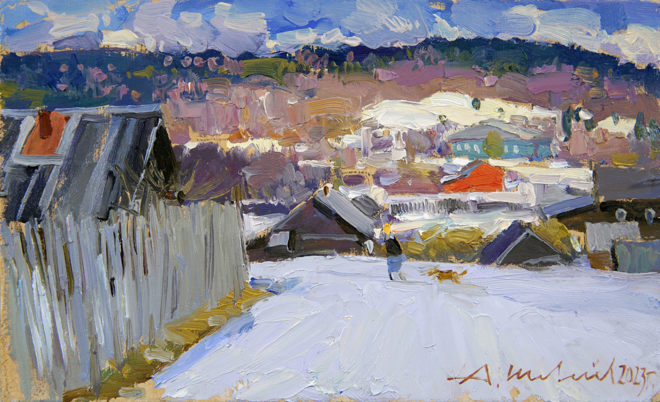 Alexander Shevelyov. Spring Landscape. D. W. P., oil 13, 5 x 22 cm. 2023