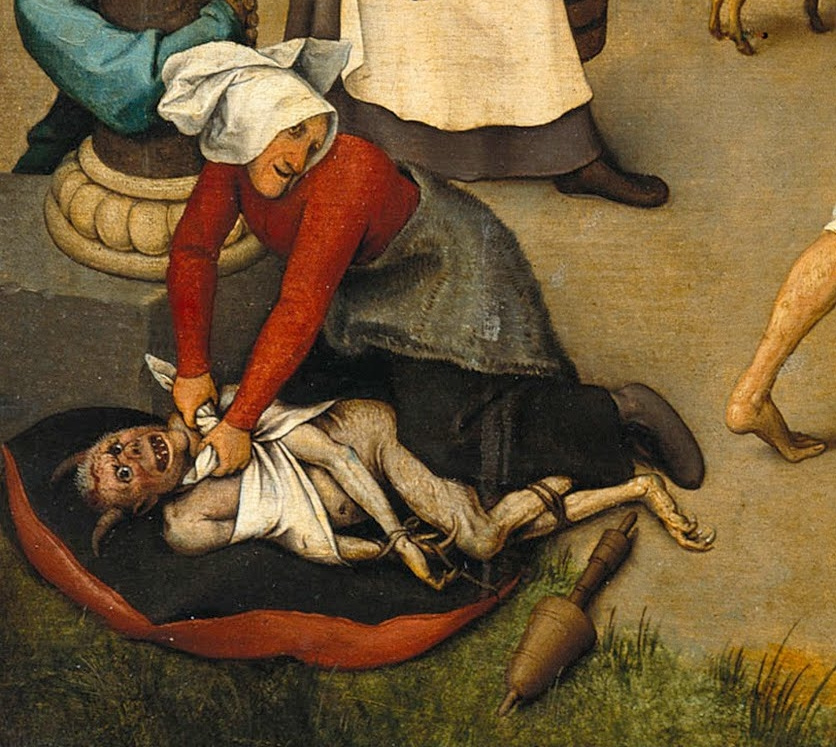 Pieter Bruegel The Elder. Flemish proverbs. Fragment: Being able to tie even the devil to the pillow is stubbornness that overcomes everything.