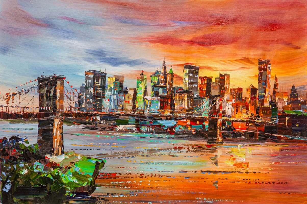Jose Rodriguez. View of the Brooklyn Bridge and Manhattan at sunset