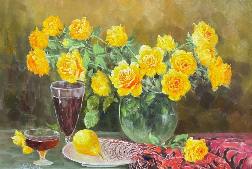 Andrzej Vlodarczyk. Still Life with Yellow Roses, Pears and Wine
