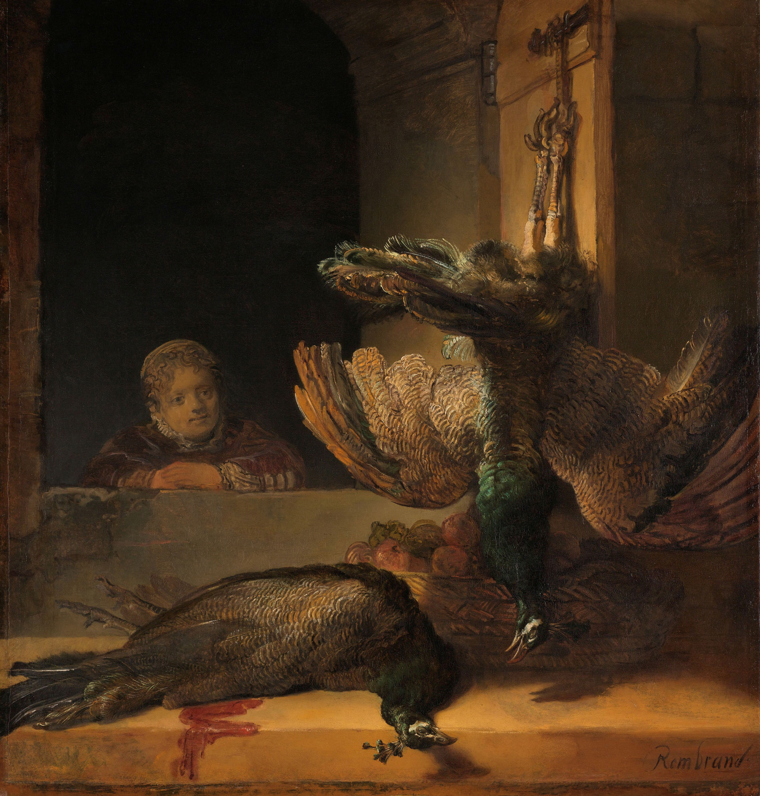 Рембрандт Харменс ван Рейн. Натюрморт с двумя мёртвыми павлинами