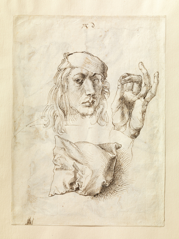 Albrecht Dürer. Self-portrait with a sketch of the arms and cushion (front side of sheet)