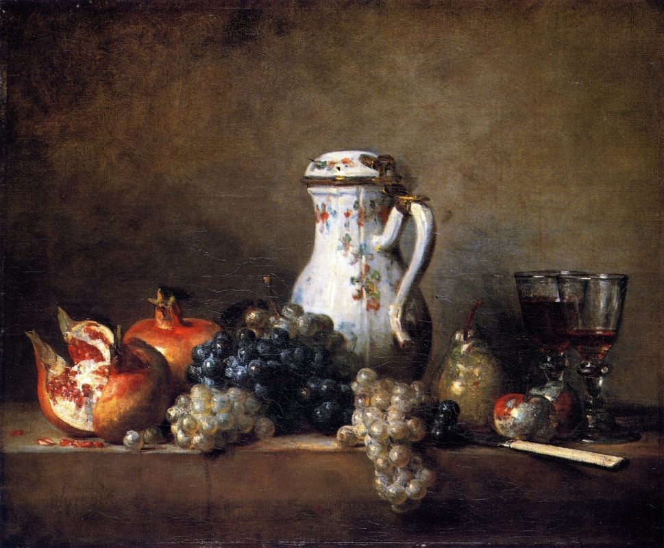 Jean Baptiste Simeon Chardin. Still life with porcelain jug, pomegranate and grapes