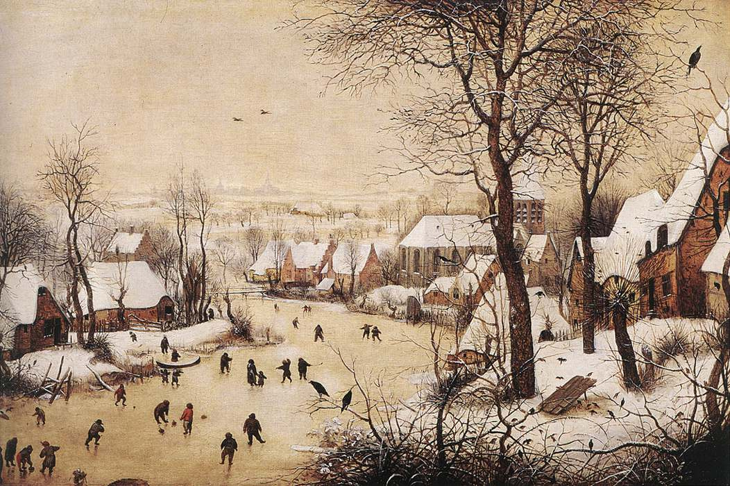 Питер Брейгель Старший. Зимний пейзаж с катающимися на коньках и ловушкой для птиц