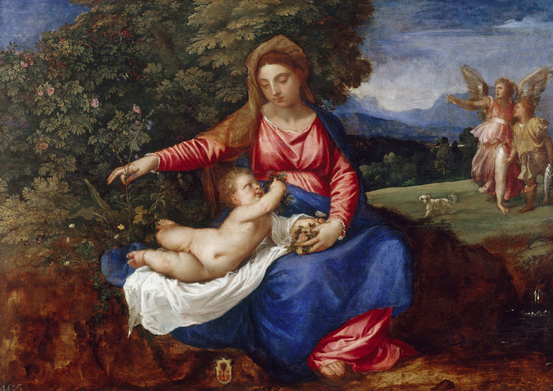 Тициан Вечеллио. Мадонна с младенцем в пейзаже с Товией и ангелом