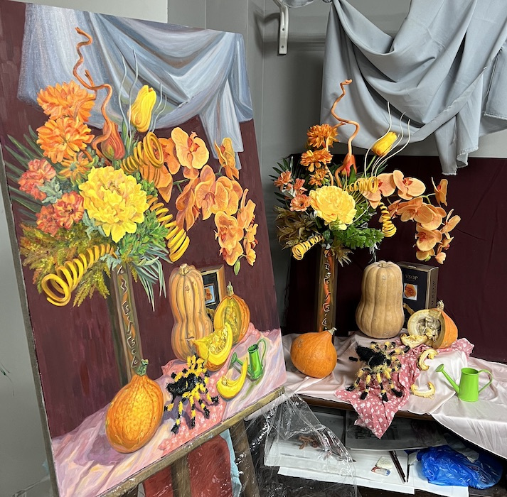 Flowers and pumpkins