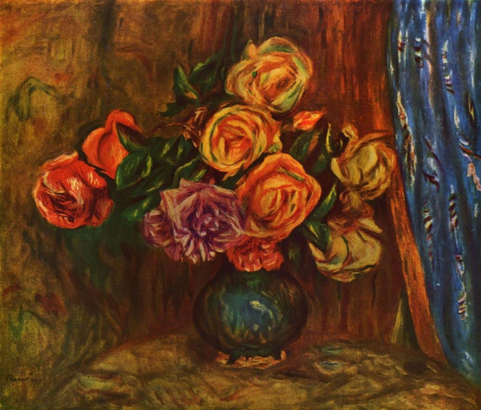 Pierre-Auguste Renoir. Still life. Roses against a blue curtain