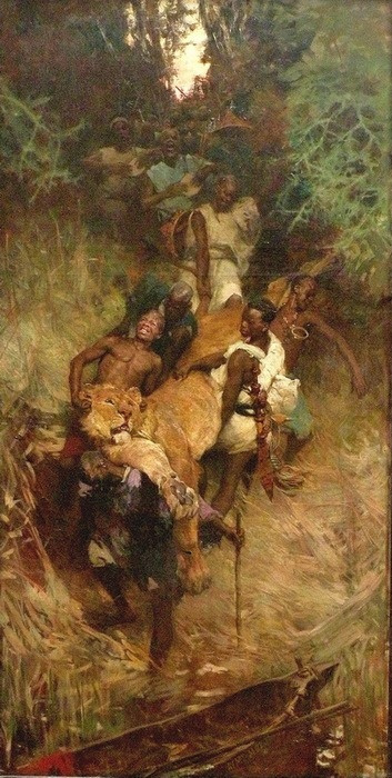 Ayim Moreau Nicolas (1850-1913). Returning from a lion hunt