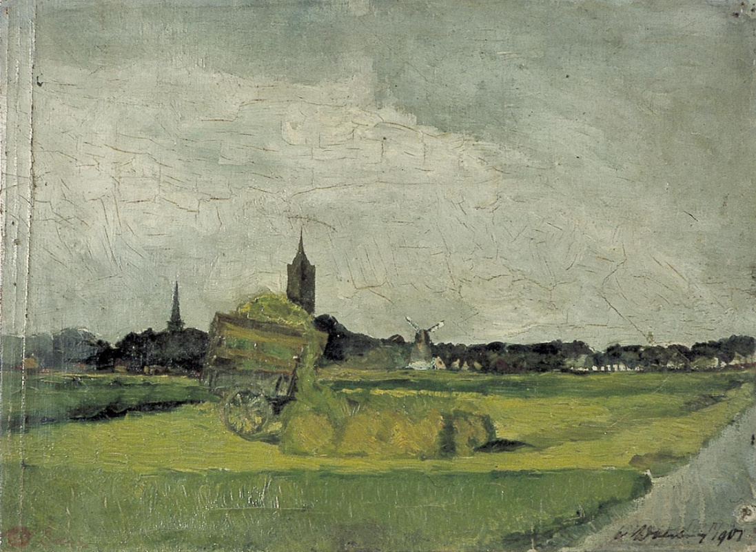 Theo van Dusburg. Landscape. A wagon with hay in the background of the tower