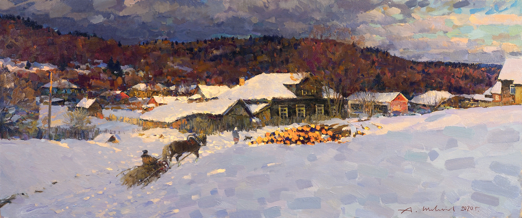 Alexander Shevelyov. Winter Evening in Sherekhovichi. Canvas, oil 50 x 118 cm. 2020