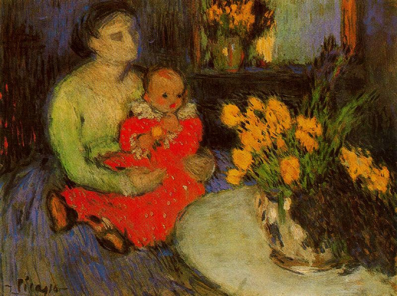 Pablo Picasso. Mother and child next to a bouquet of flowers