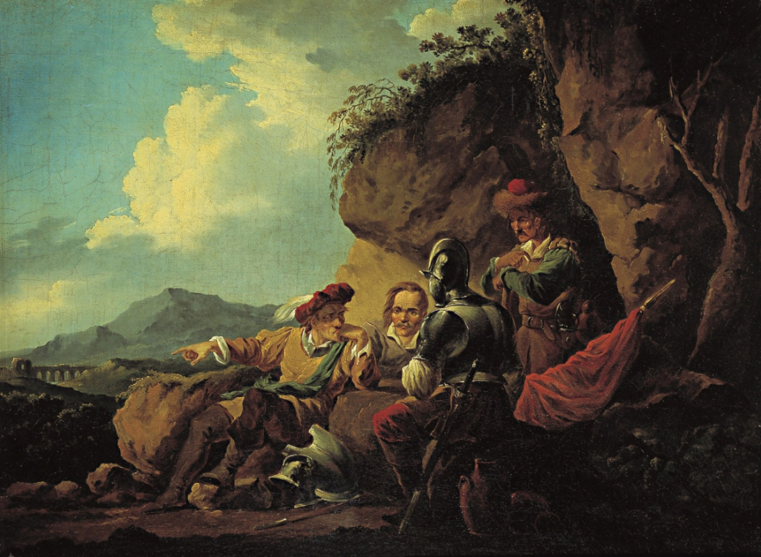 Alexander Osipovich Orel. Four soldiers sitting under a rock