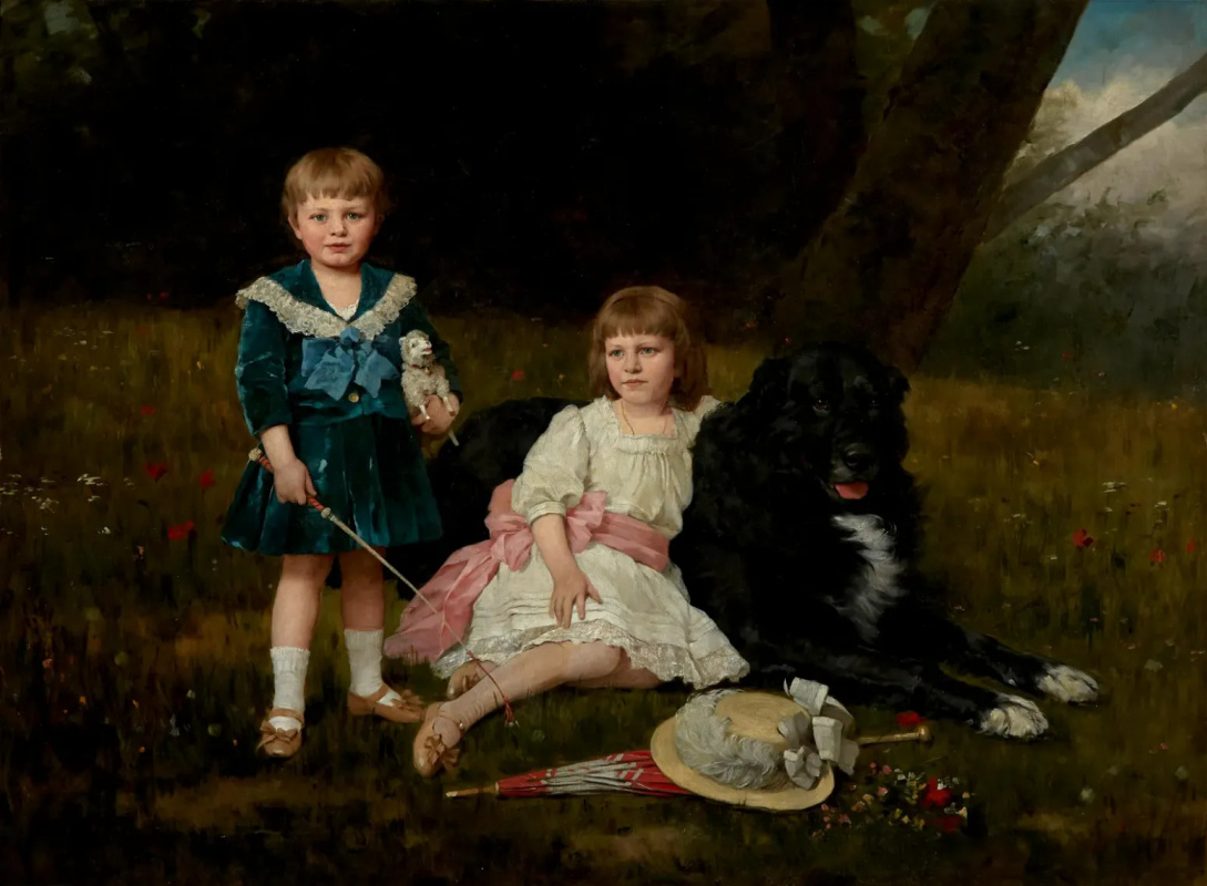 Geza Vastag 1866-1919. Portrait of two children with their beloved dog near a river