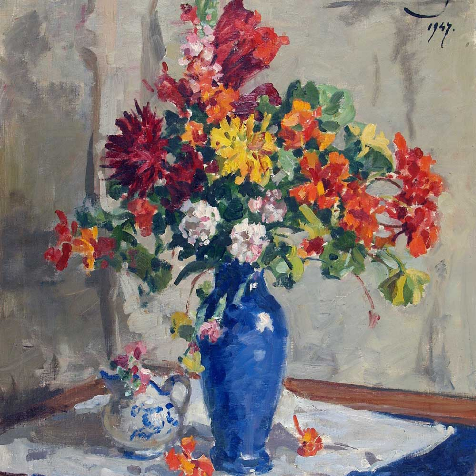 Georgiy Konstantinovich Savitsky 在一个蓝色花瓶的花, 1947, 59×74