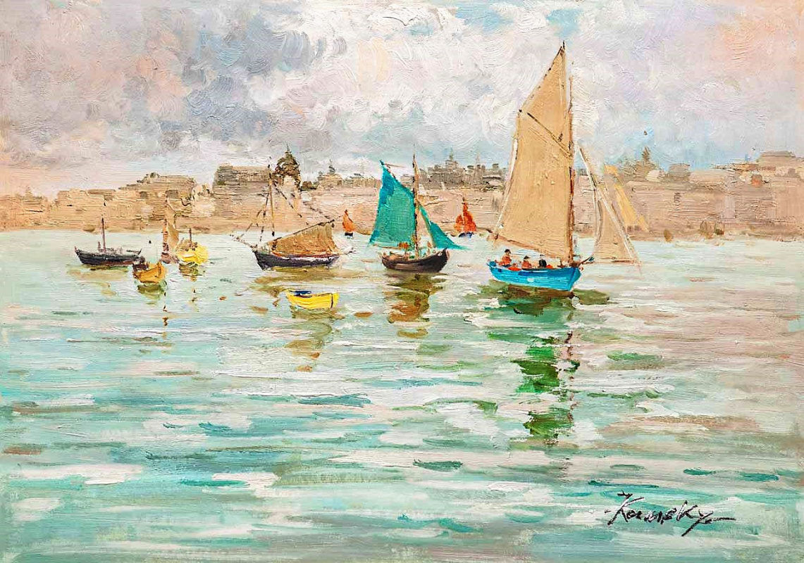 Savely Kamsky. Boats in the azure sea with the city as a backdrop