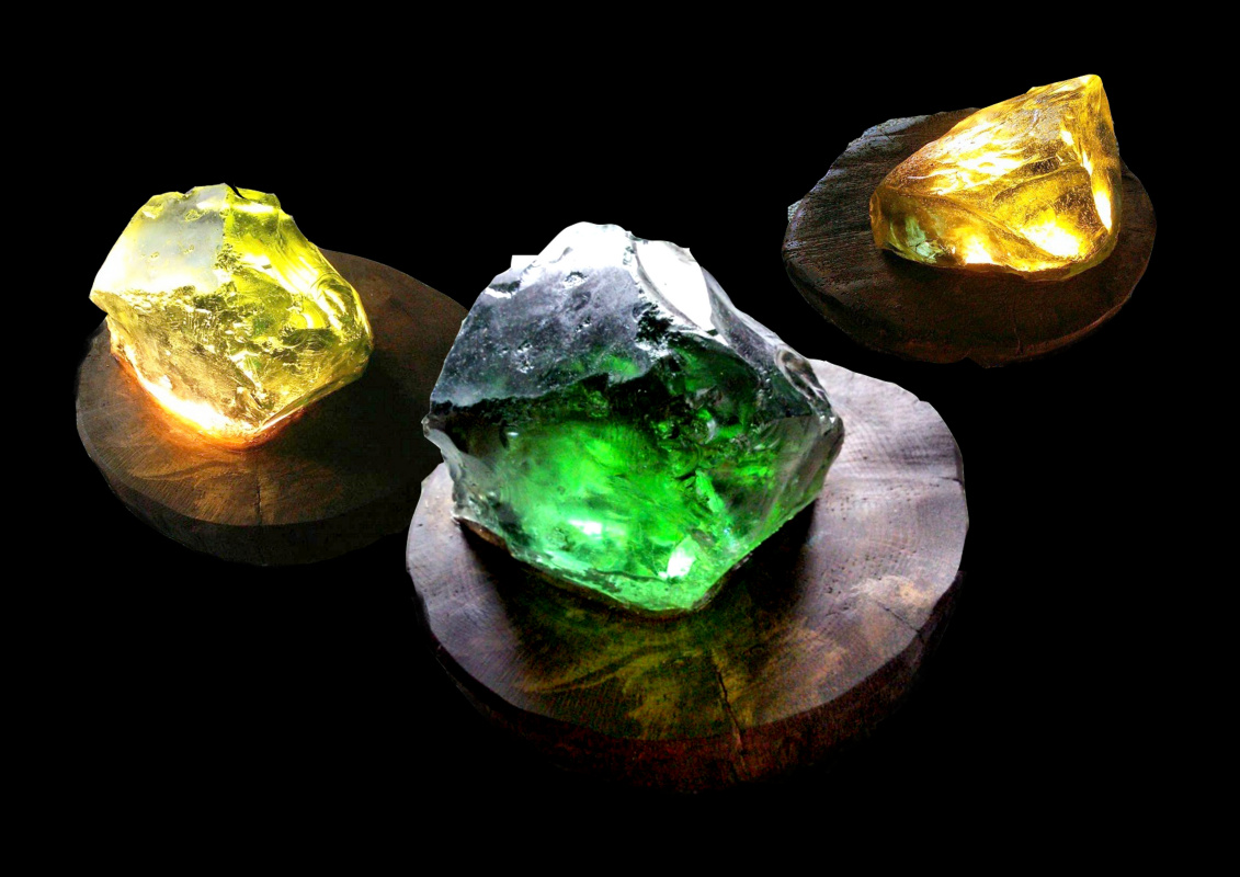 Igor Yurevich Drozhdin. Designer lamps - nightlights Dragon stones. Colored glass, relic tree spiles.
