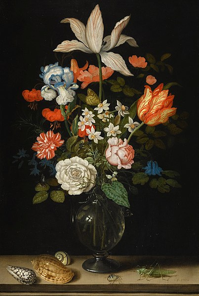 Balthasar Ast, Balthasar der. Still life of mixed flowers in a glass vase, with three shells, a grasshopper and a spider on a tabletop