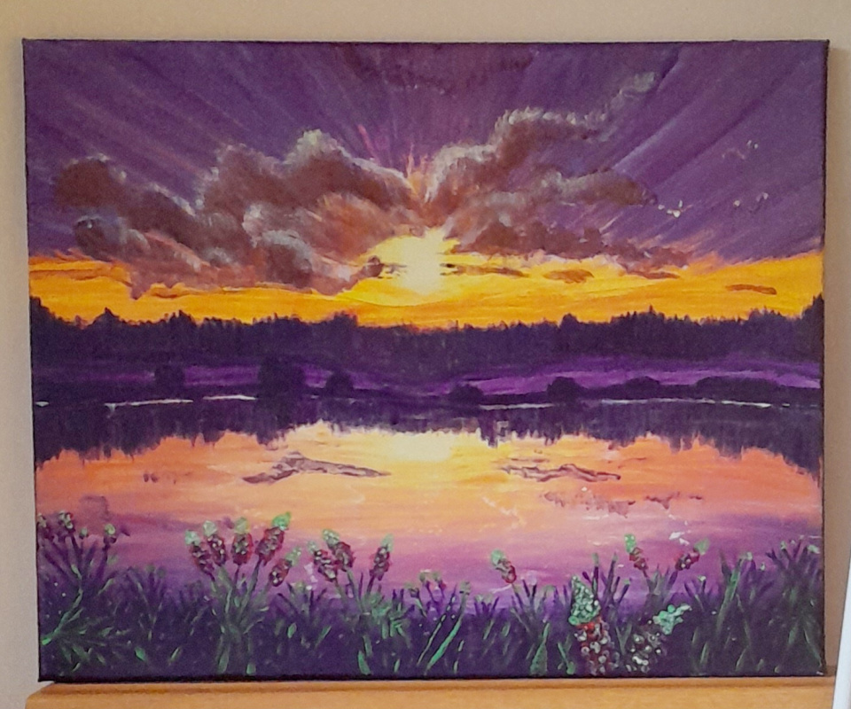 Painting sunset on the lake